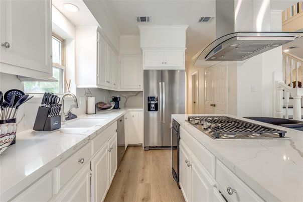 Interior, Kitchen, Recessed Lighting, Stainless Steel Appliances, Wood Texture Flooring