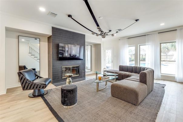 Fireplace, Interior, Living room, Recessed Lighting, Wood Texture Flooring