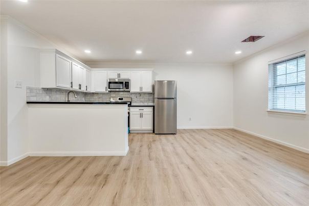 Interior, Kitchen, Recessed Lighting, Stainless Steel Appliances, Wood Texture Flooring
