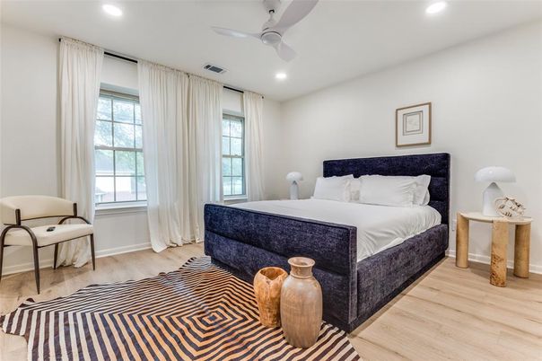 Bedroom, Interior, Recessed Lighting, Wood Texture Flooring