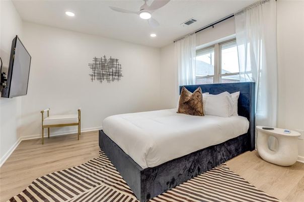 Bedroom, Interior, Recessed Lighting, Wood Texture Flooring