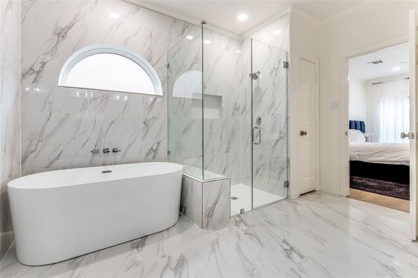 Bathroom, Bedroom, Free Standing Baths, Glass Shower, Interior, Marble, Marble Walls, Recessed Lighting