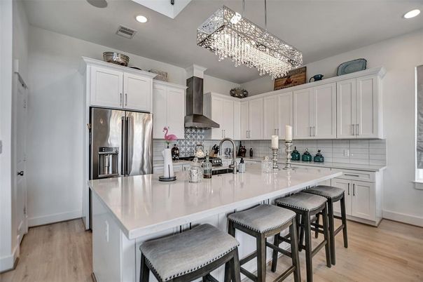 Chandelier, Interior, Kitchen, Recessed Lighting, Stainless Steel Appliances, Wood Texture Flooring