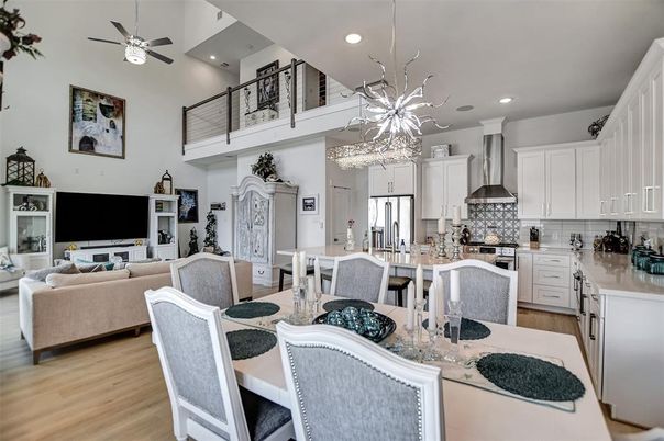 Chandelier, Dining room, Interior, Kitchen, Living room, Pendant Lights, Recessed Lighting, Stainless Steel Appliances, Wood Texture Flooring
