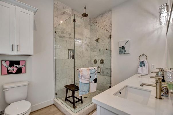 Bathroom, Glass Shower, Interior, Marble Walls, Wood Texture Flooring