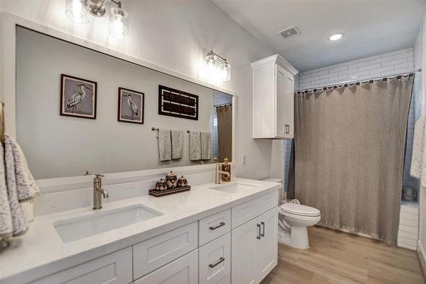 Bathroom, Dual Sink Vanities, Interior, Recessed Lighting, Wood Texture Flooring