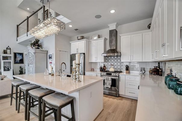 Chandelier, Interior, Kitchen, Recessed Lighting, Stainless Steel Appliances, Wood Texture Flooring