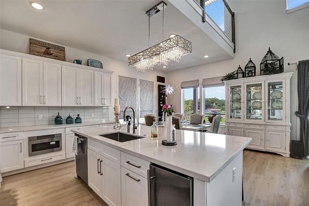 Chandelier, Interior, Kitchen, Pendant Lights, Recessed Lighting, Wood Texture Flooring