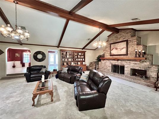 Chandelier, Fireplace, Interior, Living room, Stone Walls, Wooden Beams