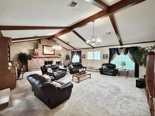 Chandelier, Fireplace, Interior, Living room, Stone Walls, Wooden Beams