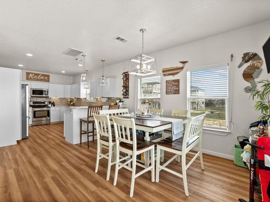 Dining room, Interior, Kitchen, Pendant Lights, Recessed Lighting, Stainless Steel Appliances, Wood Texture Flooring