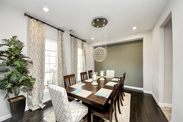 Dining room, Interior, Pendant Lights, Recessed Lighting, Wood Texture Flooring