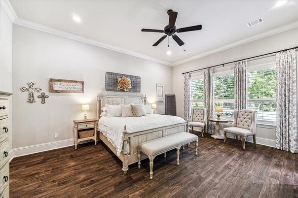 Bedroom, Interior, Recessed Lighting, Wood Texture Flooring