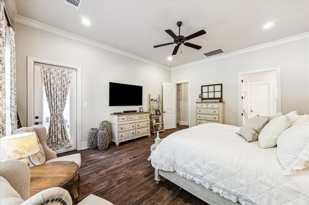 Bedroom, Interior, Recessed Lighting, Wood Texture Flooring