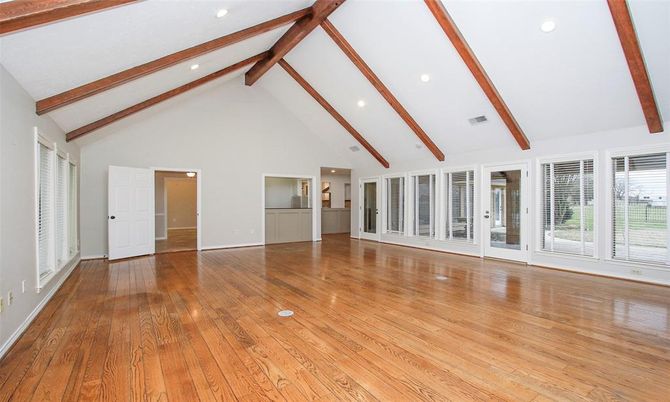 Empty room, Interior, Recessed Lighting, Wooden Beams, Wood Texture Flooring