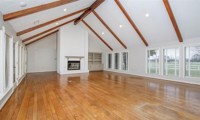Empty room, Fireplace, Interior, Recessed Lighting, Wooden Beams, Wood Texture Flooring