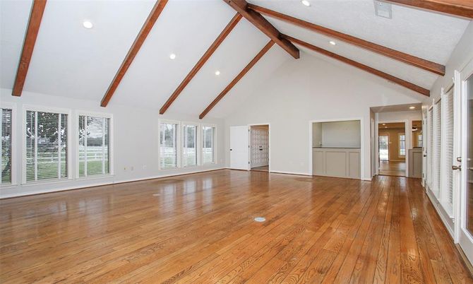 Empty room, Interior, Recessed Lighting, Wooden Beams, Wood Texture Flooring