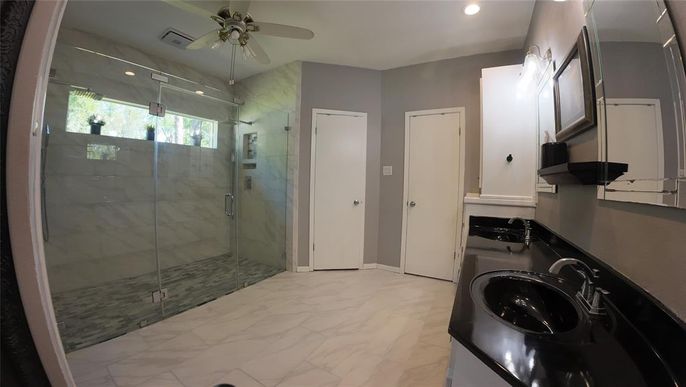 Bathroom, Glass Shower, Interior, Marble, Marble Walls, Recessed Lighting