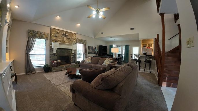 Dining room, Fireplace, Interior, Living room, Pendant Lights, Recessed Lighting, Stone Walls
