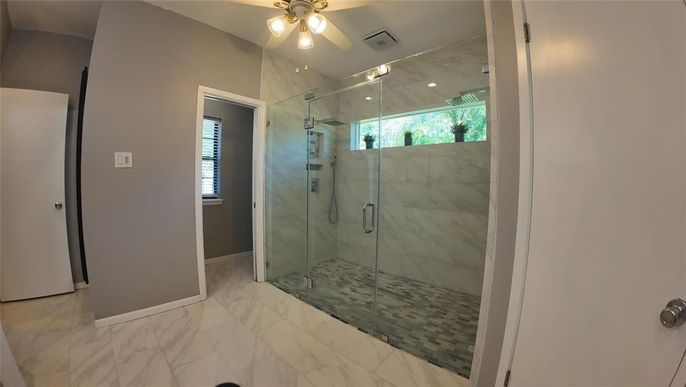 Bathroom, Glass Shower, Interior, Marble, Marble Walls, Recessed Lighting
