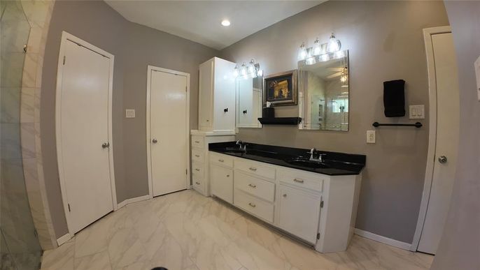 Bathroom, Dual Sink Vanities, Interior, Marble, Recessed Lighting