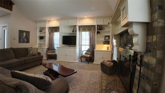 Fireplace, Interior, Living room, Recessed Lighting, Stone Walls