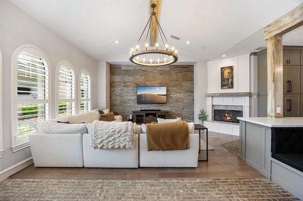 Fireplace, Interior, Living room, Pendant Lights, Recessed Lighting, Stone Walls, Wood Texture Flooring