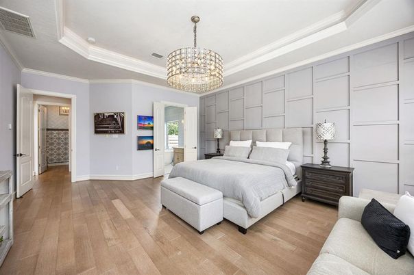Bedroom, Chandelier, Interior, Wood Texture Flooring