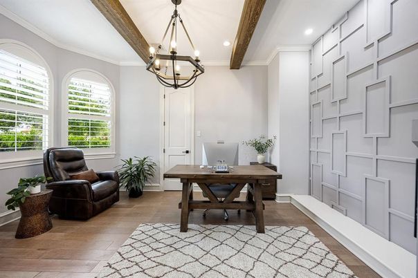 Chandelier, Home Office, Interior, Recessed Lighting, Wooden Beams, Wood Texture Flooring