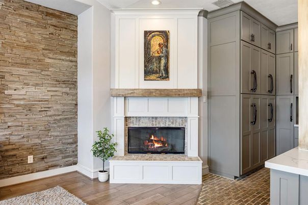 Fireplace, Interior, Recessed Lighting, Wood Texture Flooring, Wooden Walls