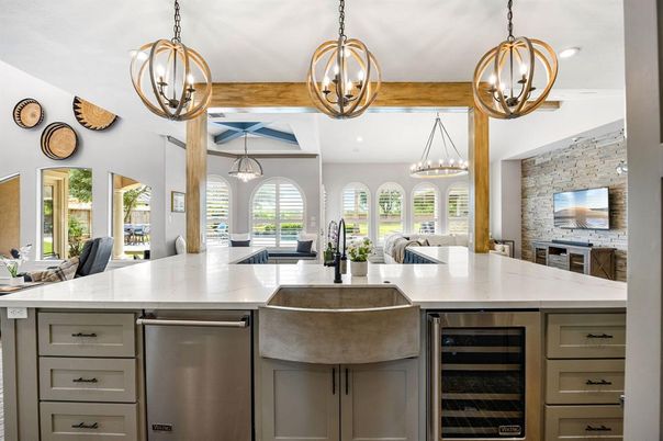Interior, Kitchen, Pendant Lights, Recessed Lighting, Stainless Steel Appliances, Stone Walls, Wooden Beams