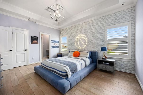 Bedroom, Interior, Pendant Lights, Stone Walls, Wood Texture Flooring