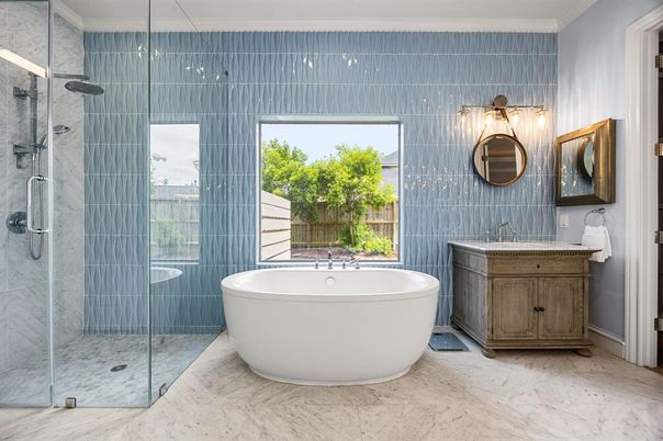 Bathroom, Free Standing Baths, Glass Shower, Interior, Marble, Marble Walls