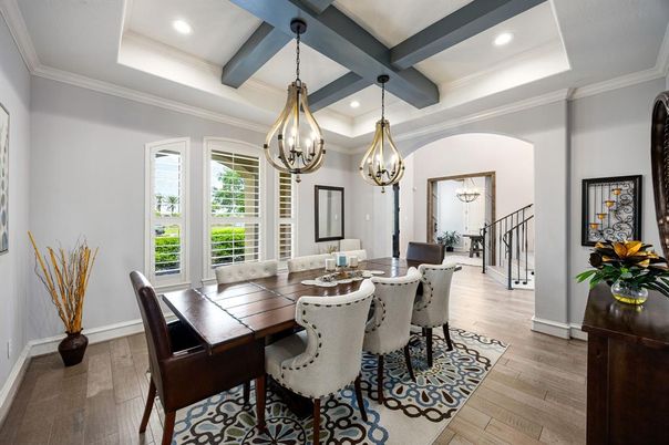 Chandelier, Dining room, Interior, Pendant Lights, Recessed Lighting, Wooden Beams, Wood Texture Flooring