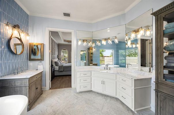 Bathroom, Bedroom, Dual Sink Vanities, Interior, Marble, Recessed Lighting, Wood Texture Flooring