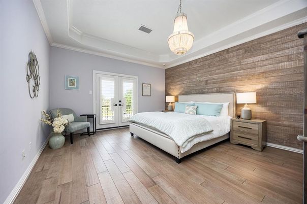 Bedroom, Interior, Pendant Lights, Wood Texture Flooring, Wooden Walls