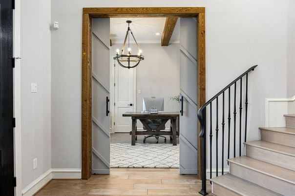 Chandelier, Home Office, Interior, Pendant Lights, Recessed Lighting, Wooden Beams, Wood Texture Flooring