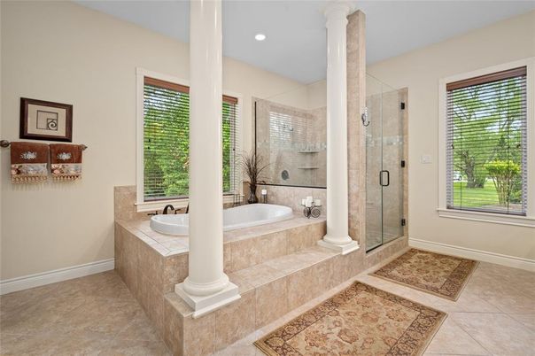 Bathroom, Glass Shower, Interior, Recessed Lighting, Tile Countertops