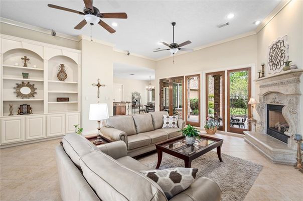 Chandelier, Dining room, Fireplace, Interior, Living room, Recessed Lighting