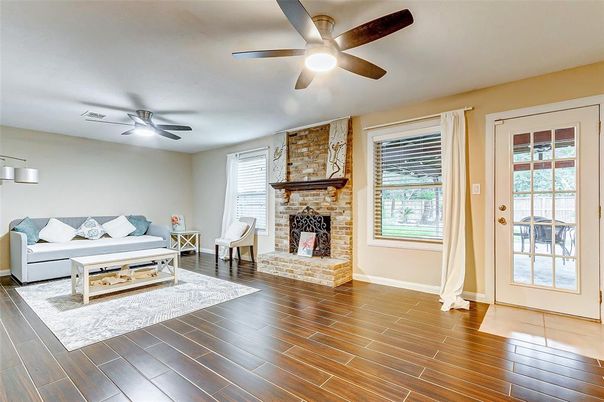 Fireplace, Interior, Living room, Stone Walls, Wood Texture Flooring