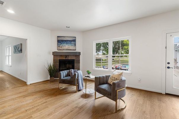 Fireplace, Interior, Recessed Lighting, Wood Texture Flooring