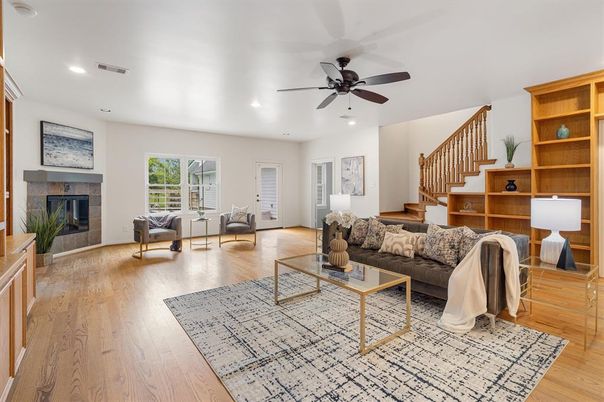 Fireplace, Interior, Living room, Recessed Lighting, Wood Texture Flooring