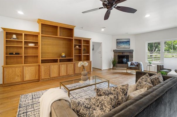 Fireplace, Interior, Living room, Recessed Lighting, Wood Texture Flooring