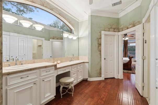 Bathroom, Dual Sink Vanities, Interior, Tile Countertops, Wood Texture Flooring