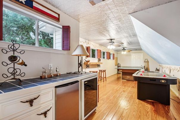 Interior, Kitchen, Tile Countertops, Wood Texture Flooring