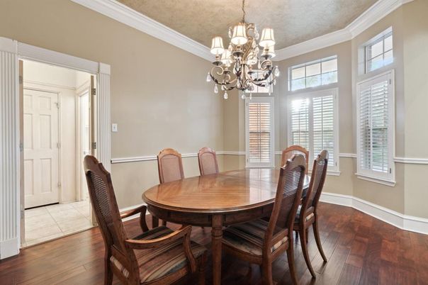 Chandelier, Dining room, Interior, Wood Texture Flooring
