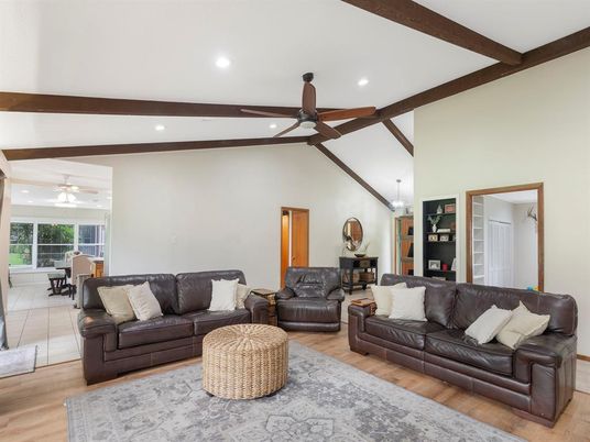 Dining room, Interior, Living room, Pendant Lights, Recessed Lighting, Wooden Beams, Wood Texture Flooring