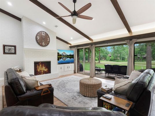 Fireplace, Interior, Living room, Recessed Lighting, Stone Walls, Wooden Beams, Wood Texture Flooring