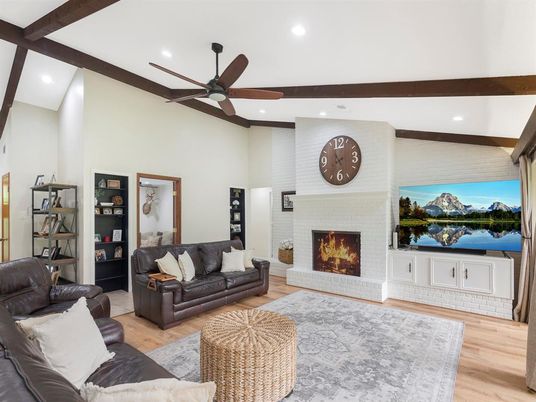 Fireplace, Interior, Living room, Recessed Lighting, Wooden Beams, Wood Texture Flooring