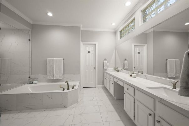 Bathroom, Dual Sink Vanities, Interior, Marble, Recessed Lighting